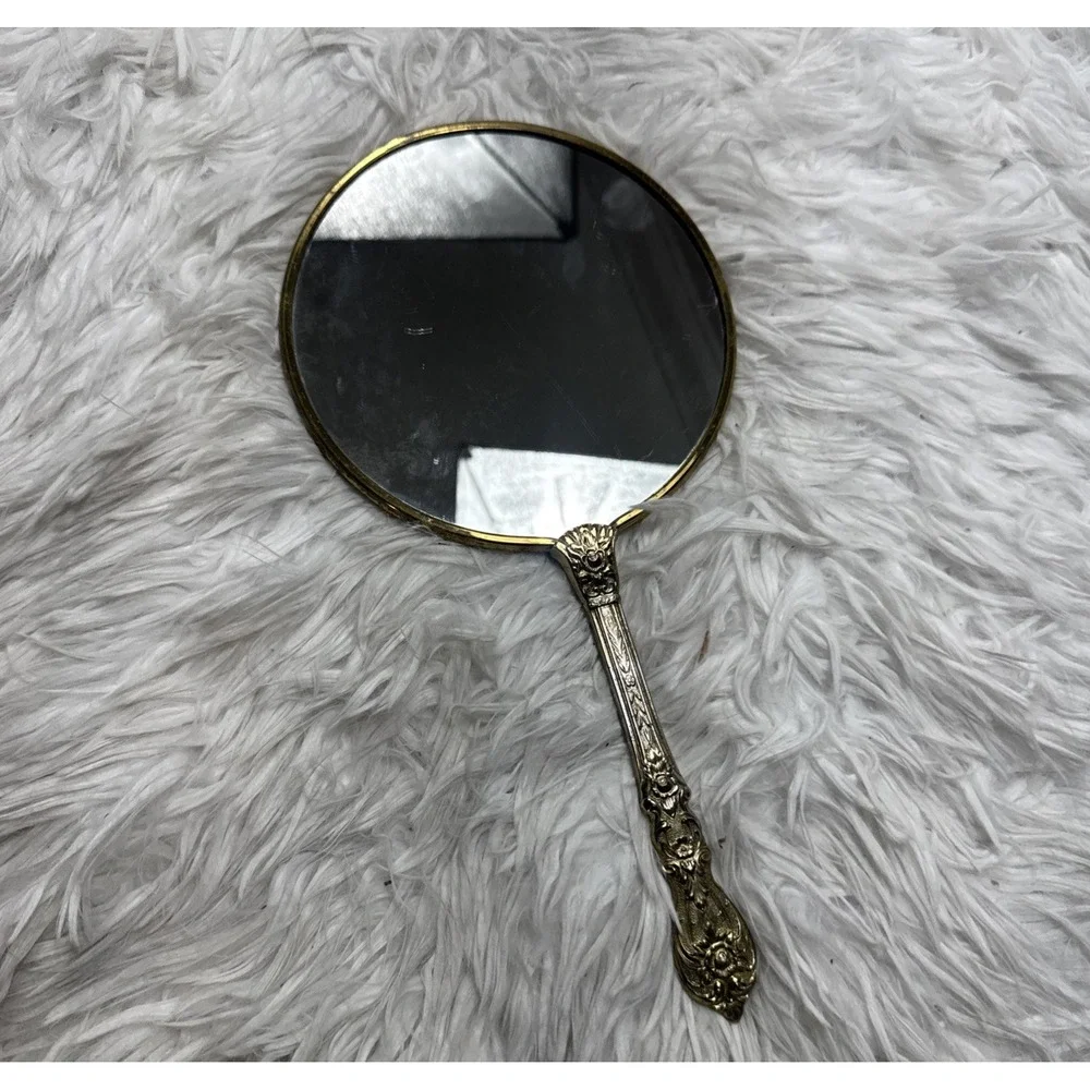 Antique Art Nouveau Handheld Vanity Mirror w/ Floral Brass Design‎ Mid Century